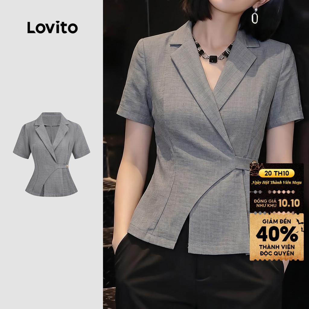 Lovito Áo thanh lịch xếp ly mùa xuân/hè màu xám cho nữ L195ED261