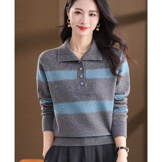 Áo len dệt kim sọc dài tay dáng ôm phiên bản Hàn Quốc, phù hợp đi làm