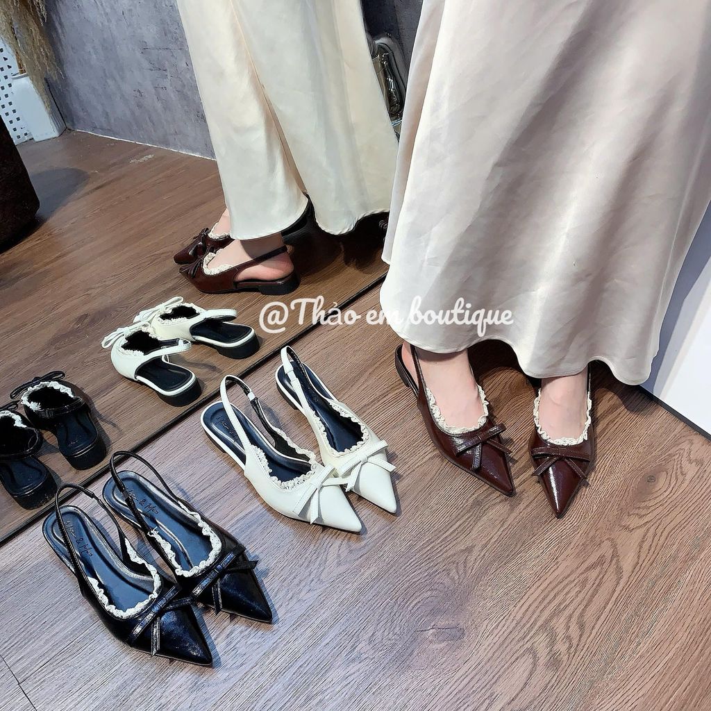 [Thảo Em - SBNR93 ] Sục bệt nữ mũi nhọn nơ mũi phối viền ren da mềm sang chảnh màu Đen Kem Nâu