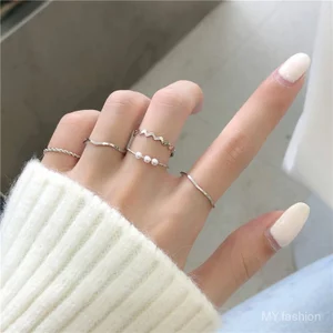 Nhẫn bộ năm mảnh phong cách Nhật Bản và Hàn Quốc, ngọc trai hình sóng, độc đáo và thời trang