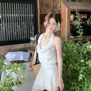 Đầm dây buộc cổ áo ren mùa hè màu trắng váy eo hẹp Hot Girl Slim-fit a-line