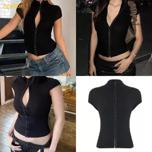 Pealike Nữ Slim Lắp Áo Sơ Mi Tay Ngắn Crop Cổ Móc Trước Và Mắt Đóng Áo Tee