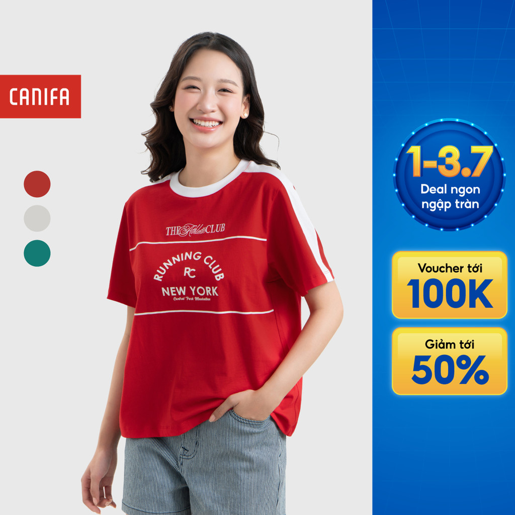 Áo phông nữ cộc tay CANIFA chất liệu Cotton USA dáng boxy có hình in CANIFA 6TS26S011