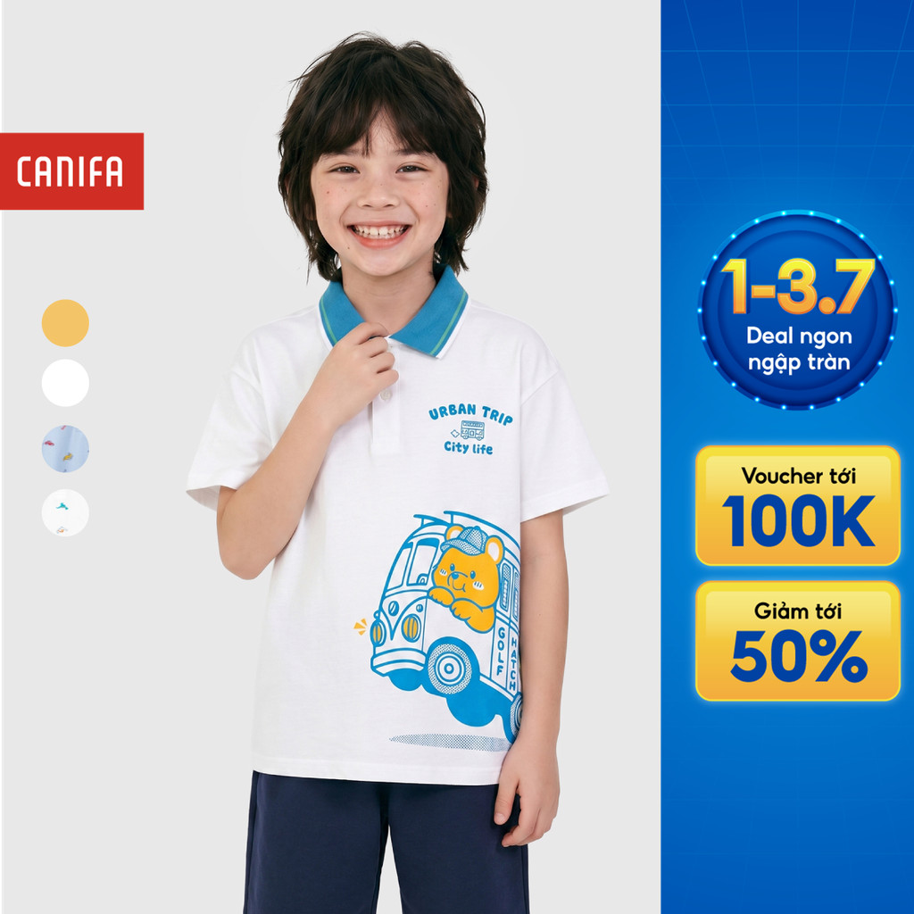 Áo polo bé trai CANIFA chất cotton 100% mềm mại cổ bẻ phối màu in họa tiết 2TP26S005