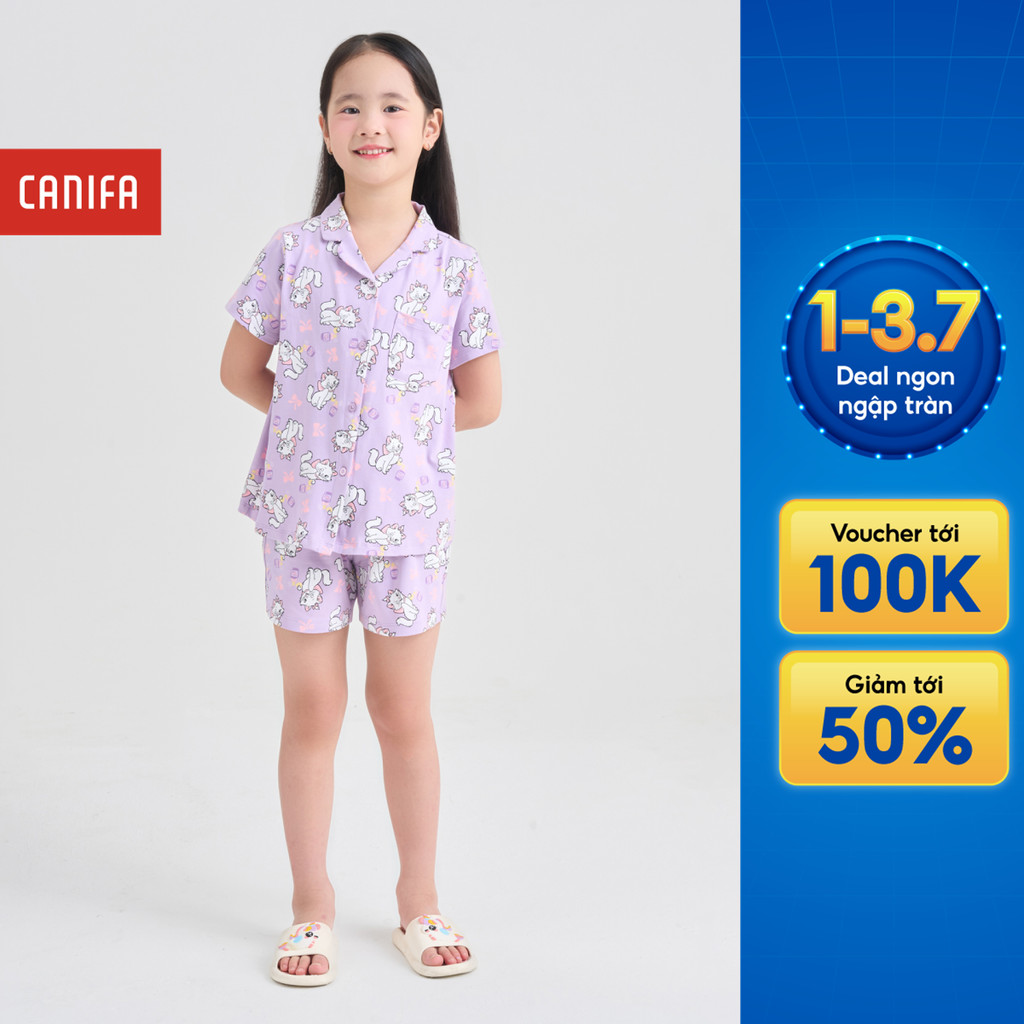 Bộ pyjama bé gái CANIFA áo cộc tay in hoạ tiết quần đùi 1LS25S012