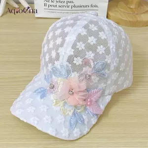 Mũ bóng chày thoáng khí viền ren thanh lịch AqToCna có thêu hoa & ngọc trai giả - Có thể điều chỉnh & sang trọng cho mọi phụ nữ AqToCna