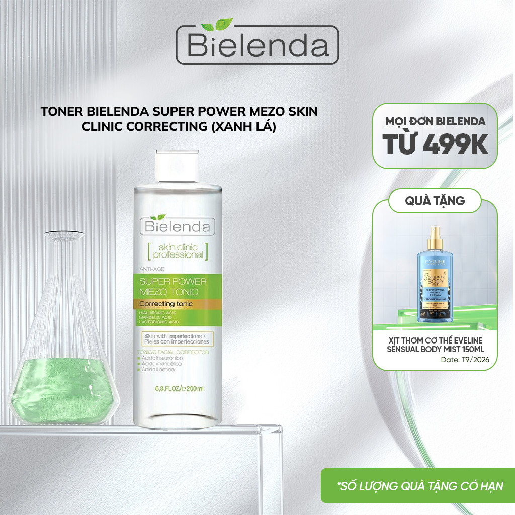 Toner Bielenda Mezo Skin Clinic Correcting hỗ trợ ngừa mụn, mờ thâm, căng bóng da 200ml