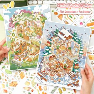 ENWEI 5 Cái [Dòng tranh nhà ổ chuột mùa xuân] Nhãn dán phong cảnh Lotus Breeze Retreat Osmanthus Fragrant House Oversized Pine Snow Warm Lodge Trang trí nhật ký
