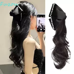 FUJIOU Ngọc Trai Nơ Đuôi Ngựa Tóc Giả, Tóc Giả Tổng Hợp Đuôi Ngựa Móng Vuốt Kẹp Đuôi Ngựa, Phong Cách Hàn Quốc Nhẹ Nhàng Lông Tơ Hơi Dài Xoăn Nữ