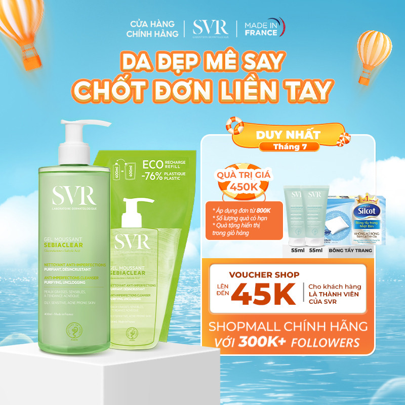 Bộ đôi tiết kiệm Gel rửa mặt SVR Sebiaclear Gel Moussant 400ML (1 chai + 1 túi) (CBG07)