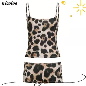 Bộ 2 món NICOLOO Slim-Fitting, Bộ quần short in họa tiết da báo thiết kế cổ chữ V, Áo yếm cổ không tay bó sát thời trang mùa hè