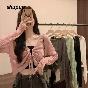 Áo len dệt kim chống nắng SHUPUN, Áo khoác cardigan mỏng dài tay màu trơn, Áo khoác dài tay bằng vải Polyester đơn giản dành cho nữ