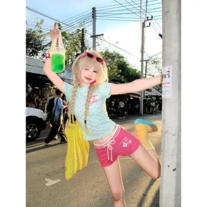 Quần short in hình khóa màu phong cách Mỹ dành cho nữ 2026 Phong cách mới Hot Girl Low-Waist Drawstring Slimmer Look All-Match Straight Wide @