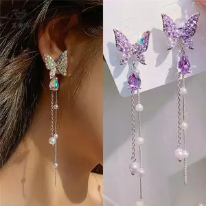 Bông tai thả bướm pha lê tím dành cho nữ Ngọc trai Dây chuyền Bông tai đính đá Trang sức Pendientes [Mina]