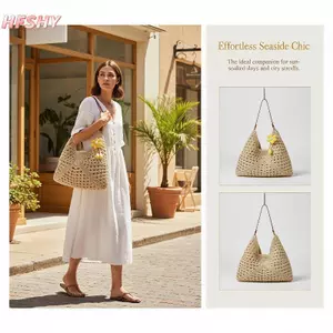 HFSHY Túi đeo vai ống hút dệt thông thường dành cho nữ Kích thước vừa phải có tay cầm Túi xách mềm cho kỳ nghỉ đi biển dã ngoại Tiệc ngoài trời VN