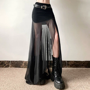 Y2K Dạo Phố Cao Cấp Lưới Chắp Vá Chia Viền Ruched Bodycon Gợi Cảm Giữa Váy Đáy