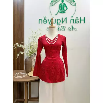 Hân Nguyễn Áo Bà Ba - B.A213 - Áo Bà Ba Gấm Song Hỷ Cổ Tim Dây kéo Nút Bọc Nụ ( QUẦN LỤA )