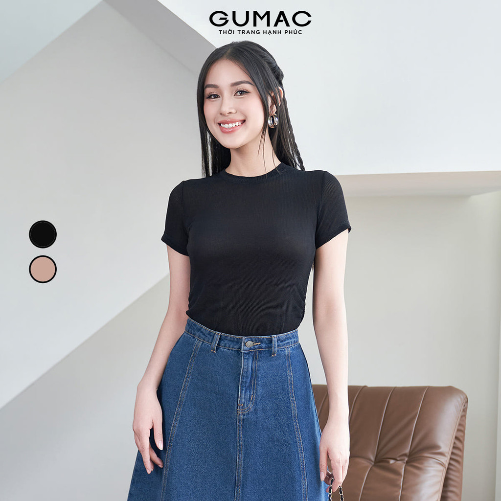 Áo Thun Nữ Cổ Tròn GUMAC Kiểu Nhún Sườn Chất Thun Tổ Ong Co Giãn ATE04009