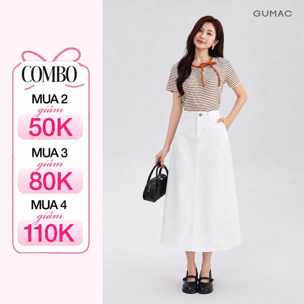 Chân Váy Midi Nữ GUMAC Form A Cạp Cao Chất Denim Mềm Dài Qua Gối Có Túi Dễ Phối Đồ LVG06046