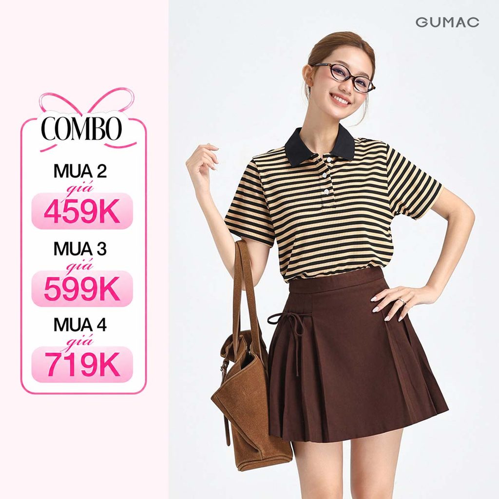Áo Polo Nữ Form Suông GUMAC Phối Cổ Trắng Kèm Họa Tiết Sọc Ngang Trẻ Trung LPLF1103