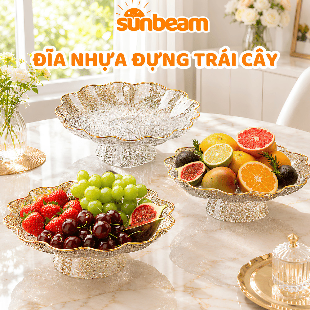 Đĩa Nhựa Đựng Trái Cây Họa Tiết Cánh Hoa Sang Trọng SUNBEAM, Khay Nhựa Trưng Bày Hoa Quả Chống Vỡ