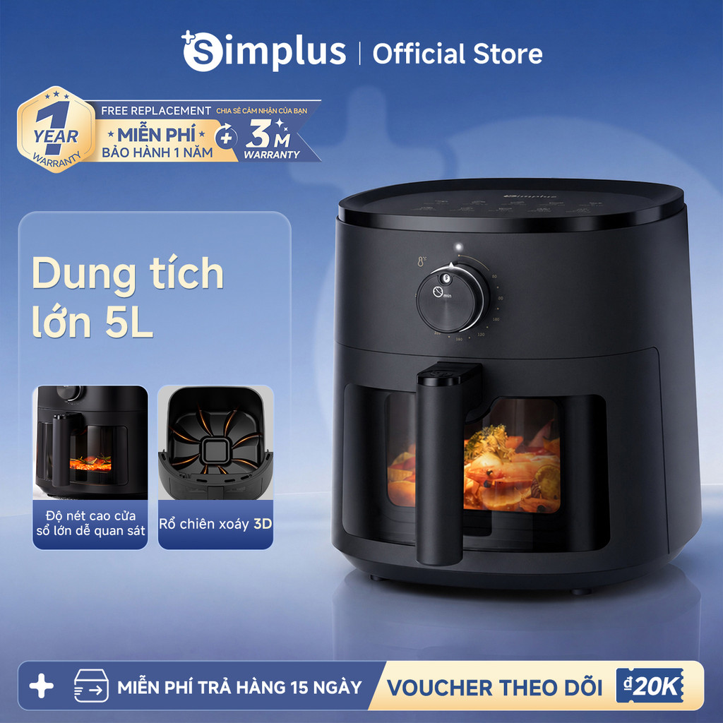 Simplus Nồi chiên không dầu 5L Sức chứa cho cả gia đình Thiết kế nhỏ gọn, Tiết kiệm không gian Đa năng KQZG023