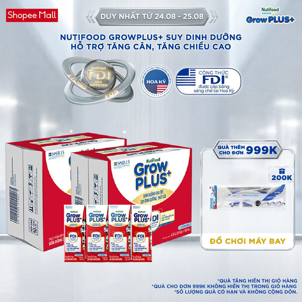 Thùng SBPS Nutifood GrowPLUS+ ít đường Suy Dinh Dưỡng – Tăng Cân, Tăng Chiều Cao (48 Hộp x 180ml) (Bao bì tùy lô hàng)