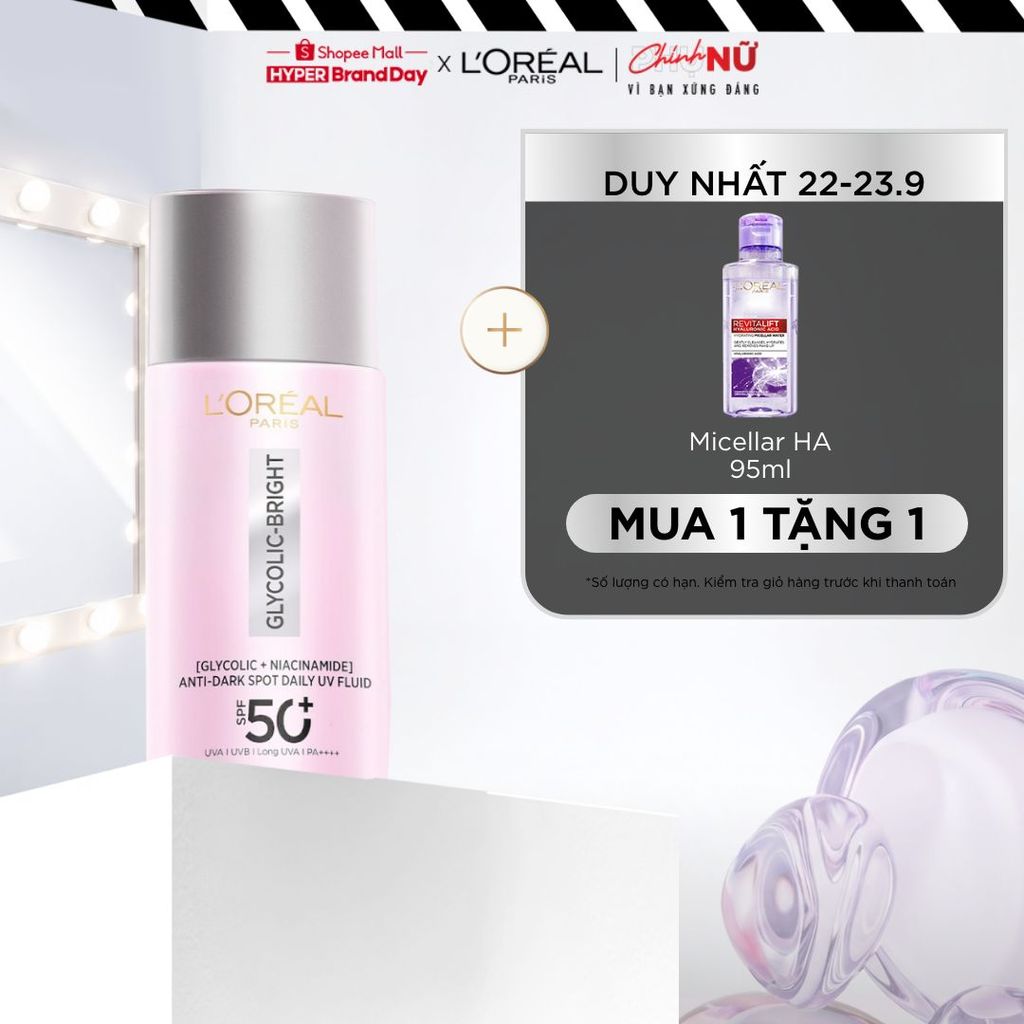 Sữa chống nắng phổ rộng mỏng nhẹ bảo vệ da và dưỡng sáng mờ thâm nám Glycolic Bright Anti-Dark Spot L’Oréal Paris 50ml