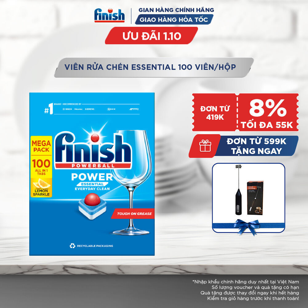Viên Rửa Chén Bát Hương Chanh Finish Powerball Power Essential Lemon Sparkle - Hộp 100 viên tiết kiệm