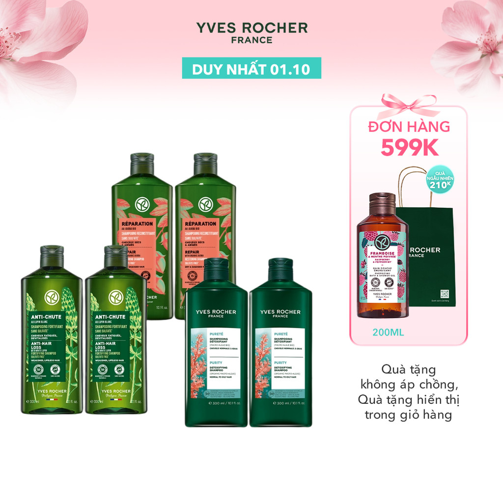 Combo 2 dầu gội thiên nhiên không Sulfate không Silicone Yves Rocher 300mlx2 (nhiều phân loại)