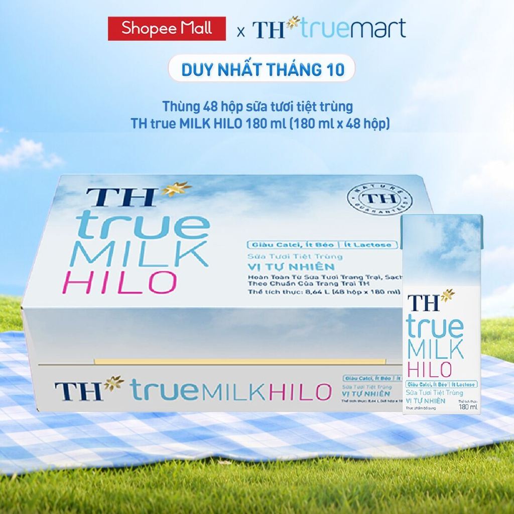 Thùng 48 hộp sữa tươi tiệt trùng TH true MILK HILO vị tự nhiên 180 ml (180 ml x 48)