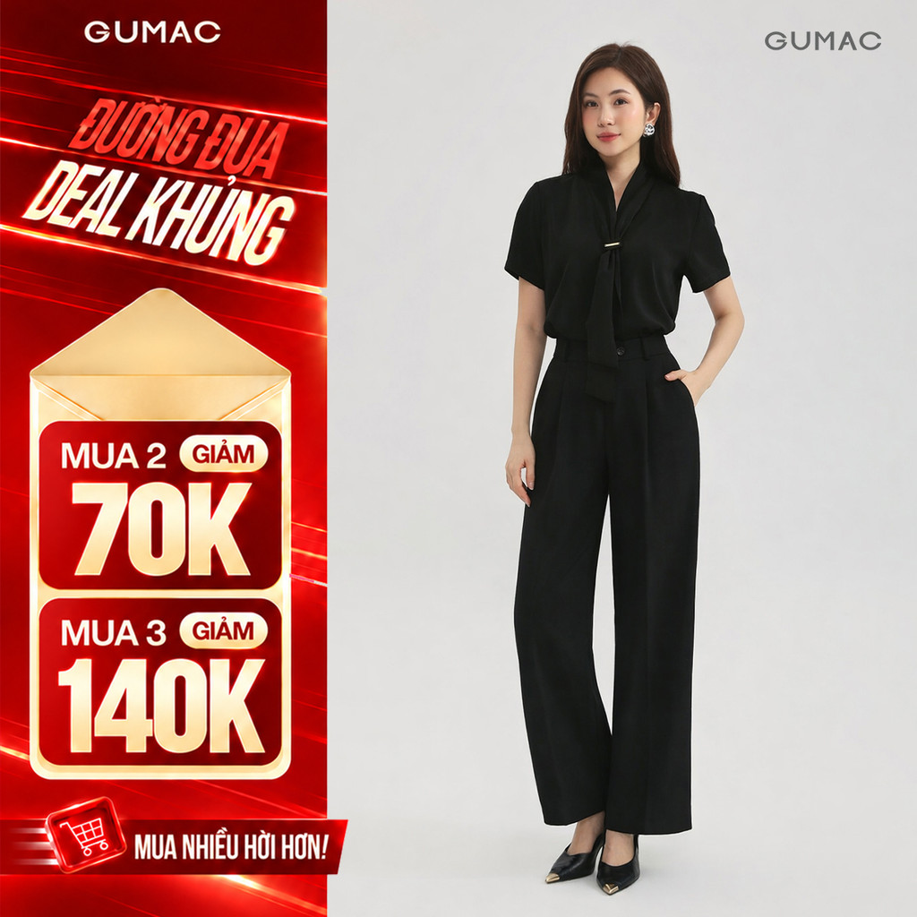 [NHẬP MÃ: AFFOIZS GIẢM 100K] Quần Ống Rộng Nữ 98cm GUMAC Quần Tây Công Sở Lưng Cao Chiết Ly Chéo Thái Cạp Cao LQF0906