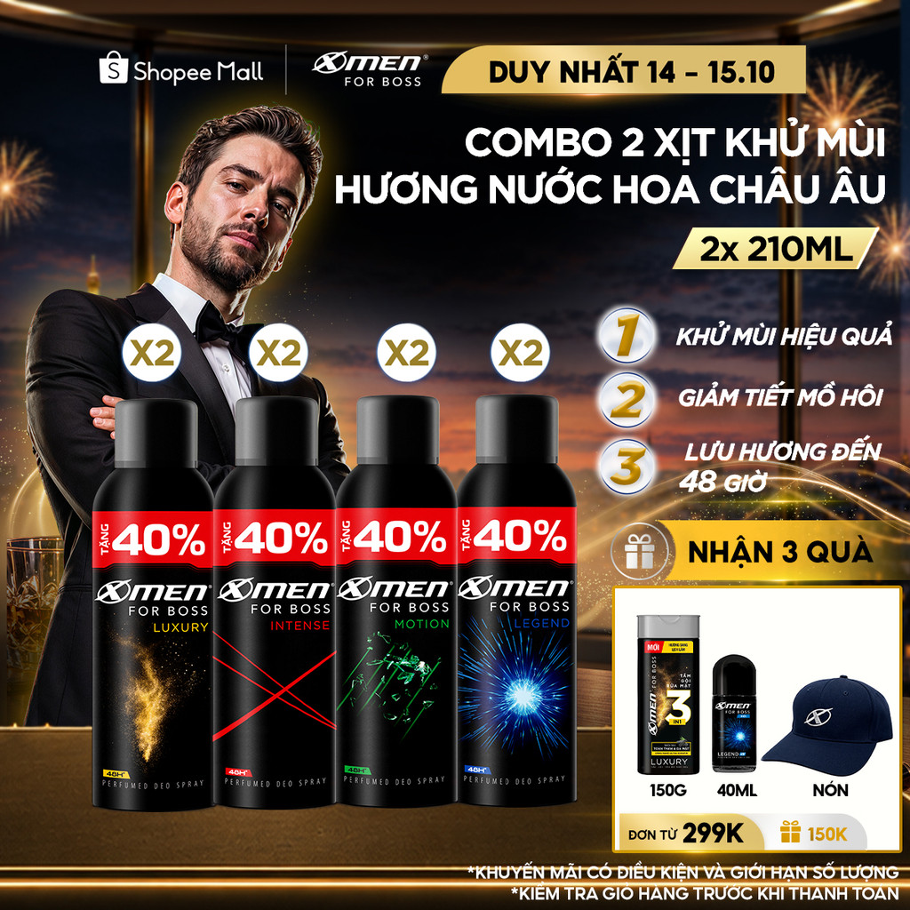 [Tặng thêm 40% dung tích] Combo 2 Xịt khử mùi X-Men For Boss 210ml/chai Khô Thoáng Lưu Hương 48H