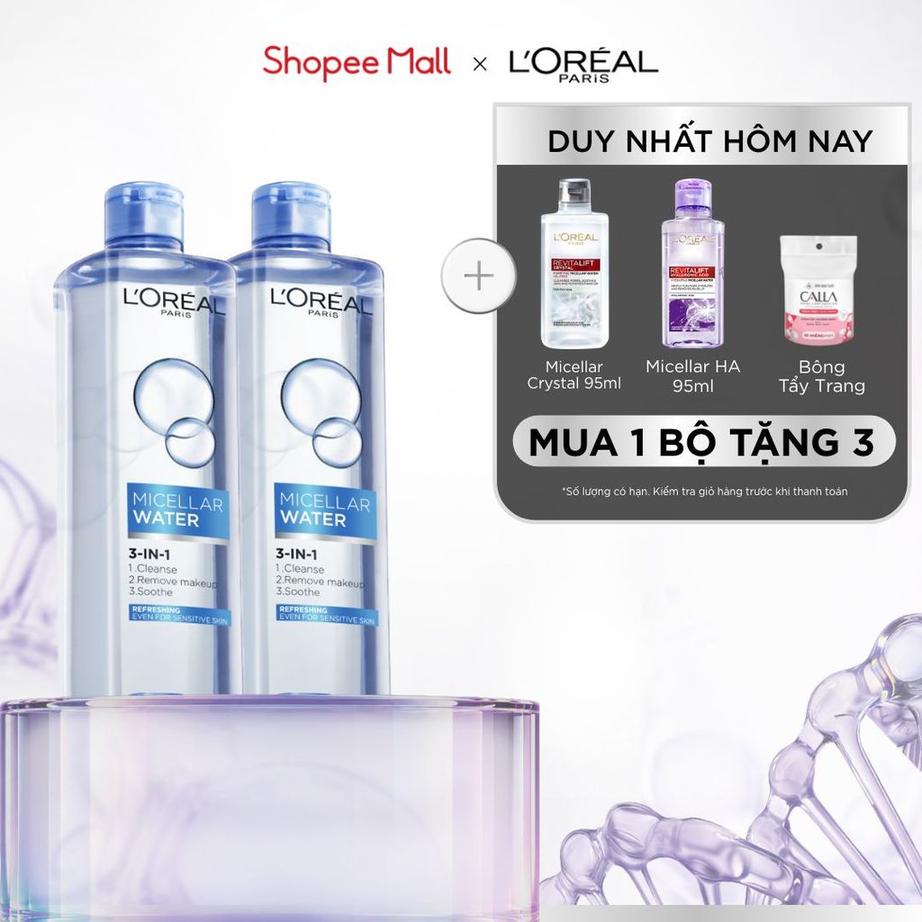 Bộ 2 nước tẩy trang đa năng 3in1 tươi mát L'Oreal Paris (xanh dương nhạt) 400ml
