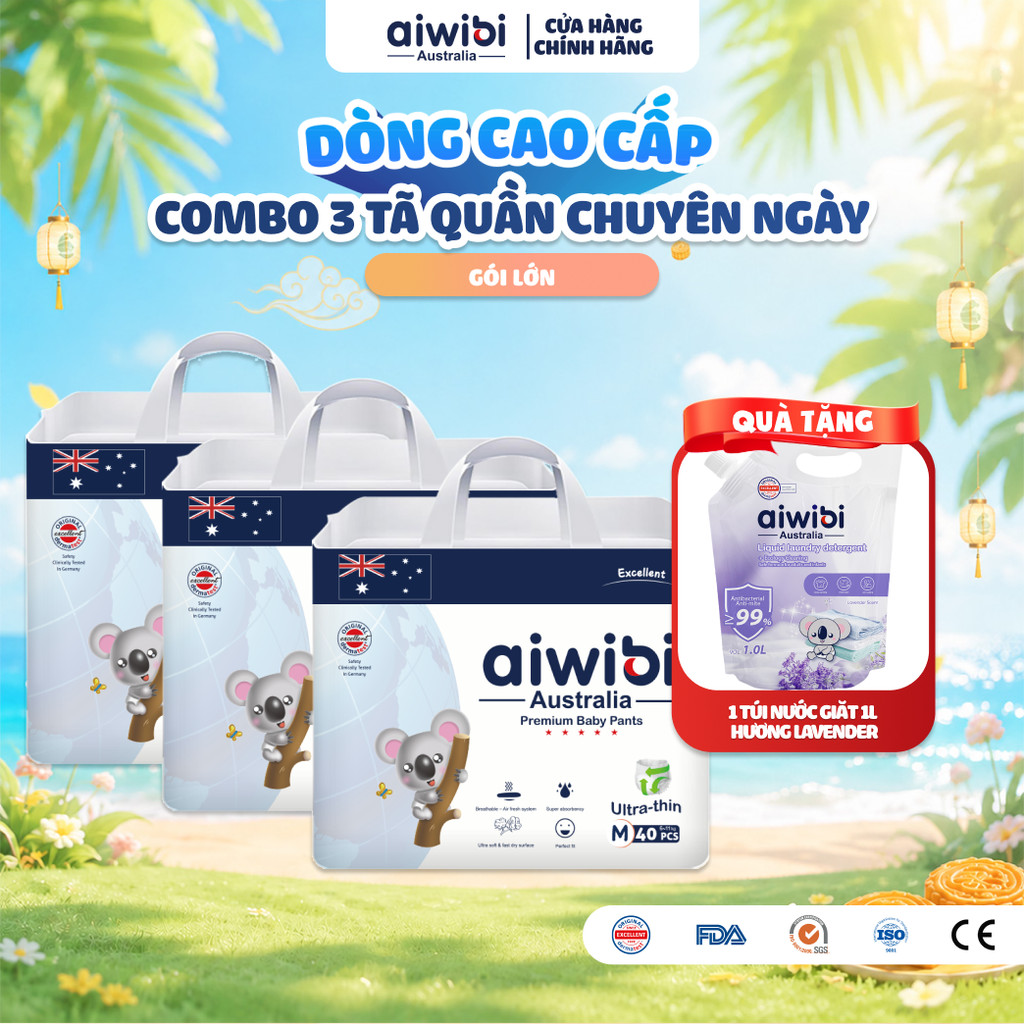 [Combo 3] Tã/Bỉm Quần Cao Cấp Aiwibi Light Feather Cho Bé Siêu Thấm Hút, Chống Tràn - Gói Lớn M/L/XL/XXL/XXXL/XXXXL