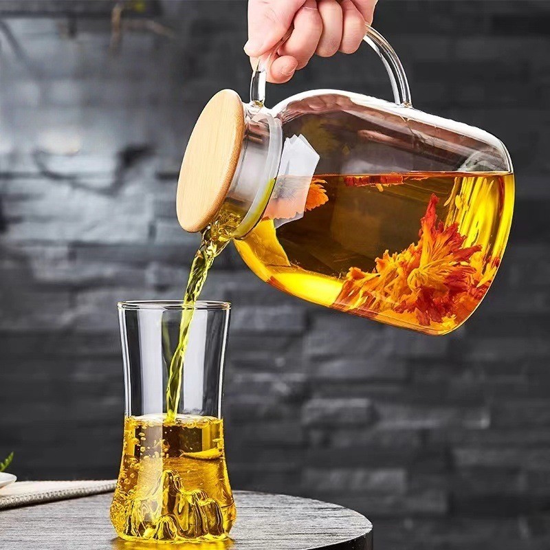 Ấm Siêu Tốc Lạnh Đơn Giản Dung Tích Lớn Thủy Tinh Borosilicate Cao Ấm Trà Hộ Gia Đình Tre Nắp Thép Thơm Trà Chịu Nhiệt Độ Cao Lạnh