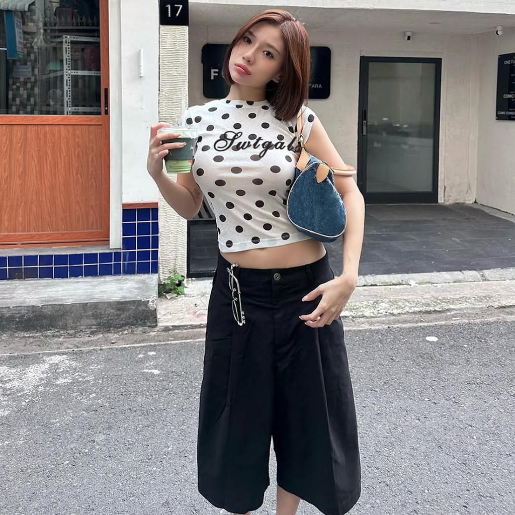 Cutenew Phong Cách Cay Màu Chặn Chữ In Chấm Bi Cổ Tròn Đa Năng Tay Ngắn Áo Giảm Béo Crop Top