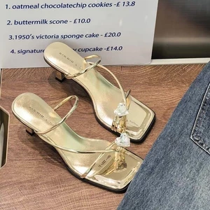Xăng đan Gót Cao Gót Vuông Cho Nữ, Mặc Ngoài Trời, Vỏ Mũi Kim Cương Giả, Dép Gót Chunky