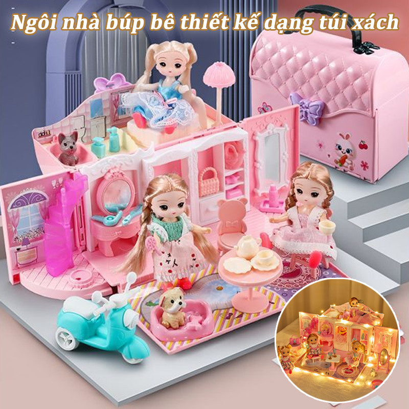 Ngôi Nhà Búp Bê Thiết Kế Dạng Túi Xách Kèm 2 Búp Bê,Tặng Xe Máy + Dải đèn LED,Quà Sinh Nhật Cho Cô Gái