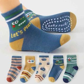 B17 (1-9 tuổi) Sét 5 đôi tất chống trơn cổ cao hình cá sấu xanh Play cho bé trai