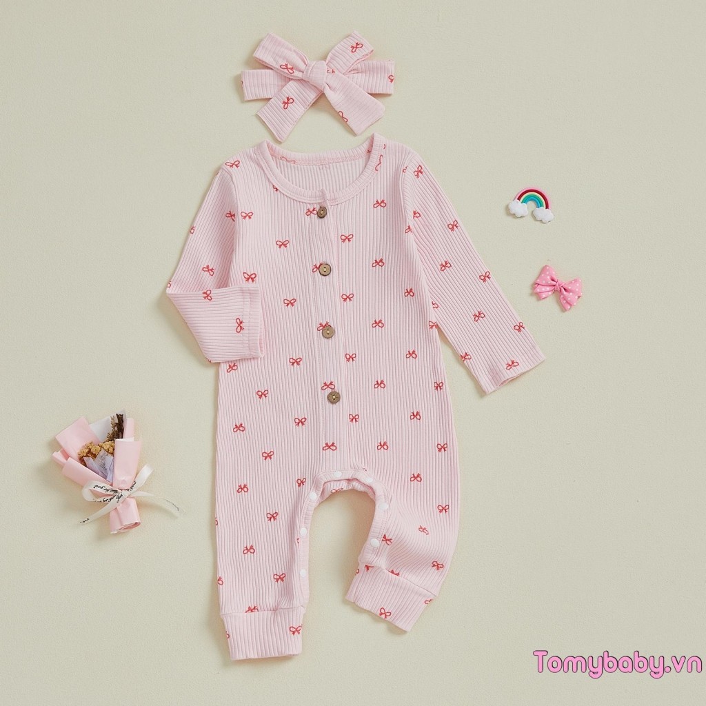 Bộ áo liền quần mùa thu cho bé gái Áo liền quần dài tay cổ tròn dài đầy đủ + Băng đô nơ