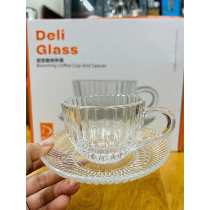 Bộ 6 Ly thủy tinh kẻ sọc kèm 6 đĩa kê cốc thủy tinh chịu nhiệt uống cafe, nước ép, soda 240ml