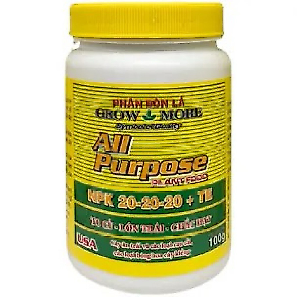 [CHÍNH HÃNG]Phân Bón Lá Grow More NPK20-20-20+TE All Purpose 100g-Giúp To,Lớn Trái,Chắc Hạt,Đẹp Hoa