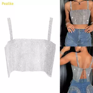 Pealike Nữ Không Tay Lấp Lánh Kim Cương Giả Cami Crop Spaghetti Dây Đeo Xe Tăng Áo