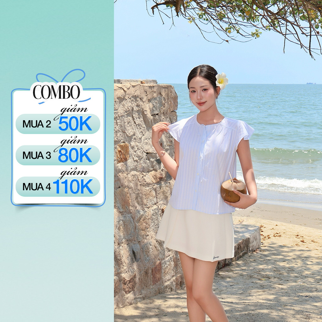 Áo Kiểu Nữ Gmorning - GUMAC Tay Cánh Tiên Nhún Vai Nhẹ Cổ Tim Thắt Nơ Nữ Tính YAG04081