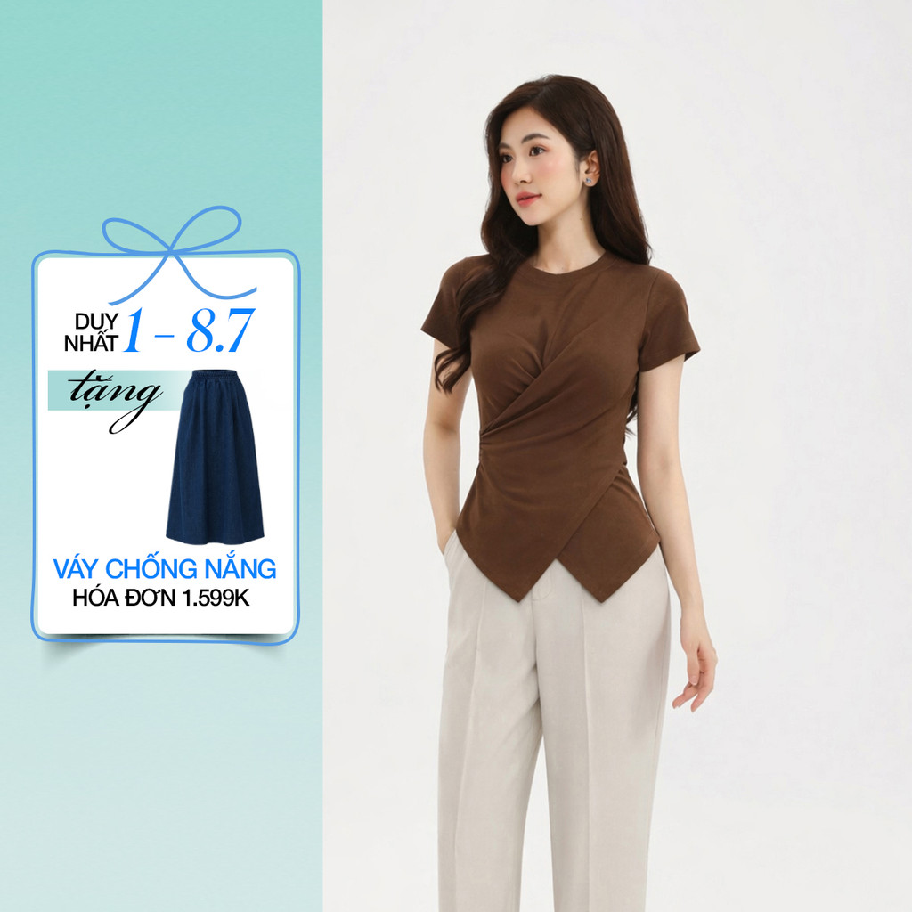 Áo Thun Kiểu Nữ GUMAC Áo Thun Gân Cổ Tròn Đắp Chéo Vạt V Tôn Dáng Co Giãn Nhiều LATF0521