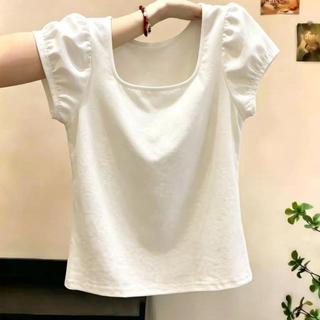 [Khuyến mãi trong thời gian có hạn] Áo thun ngắn tay cổ chữ U màu trắng phong cách giản dị dành cho nữ mùa hè hơi béo Kích thước lớn Slimmer Look All @