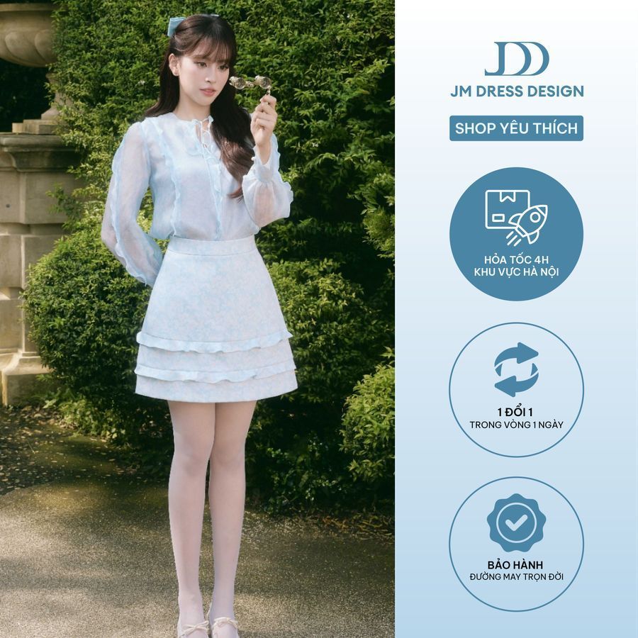 Set Áo Xuân Hè Cổ Tròn Phối Bèo Dọc 2T04.2601, Chân Váy Xuân Hè Dáng A Ngắn 2 Tầng Bèo 4S03.2601. Set Voan Tiểu Thư JM