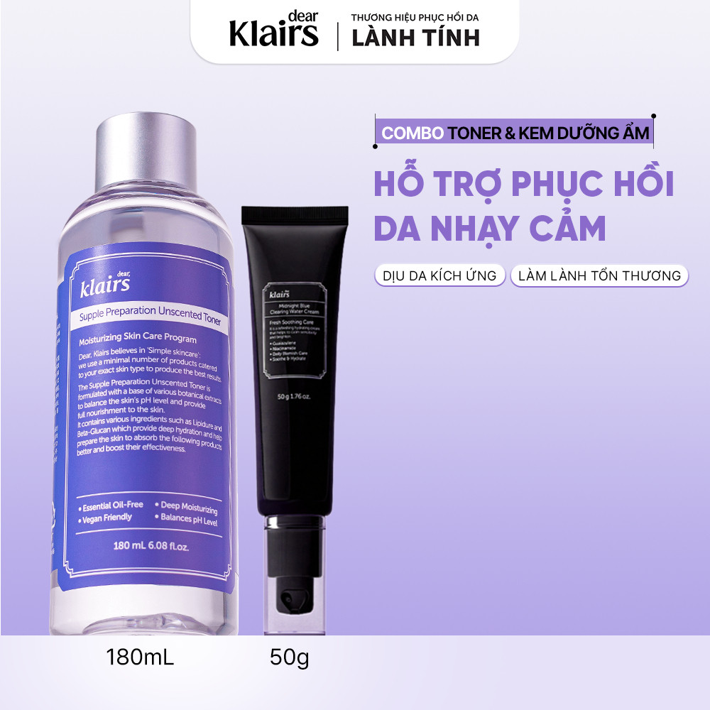COMBO Nước hoa hồng Supple Preparation Unscented 180ml+Kem dưỡng Midnight Blue Clearing Water Cream 50g [FS]
