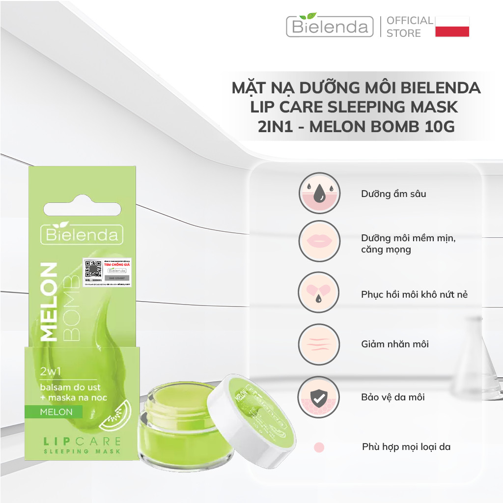 Mặt nạ dưỡng môi Bielenda Lip Care Sleeping Mask  2in1 - Melon Bomb dưỡng môi căng mọng, giảm rãnh nhăn môi 10g